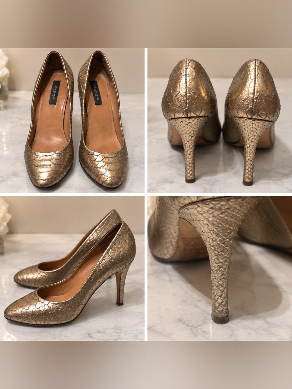 Ann Taylor Metallic Gold Textured Leather Pumps – Size 8M